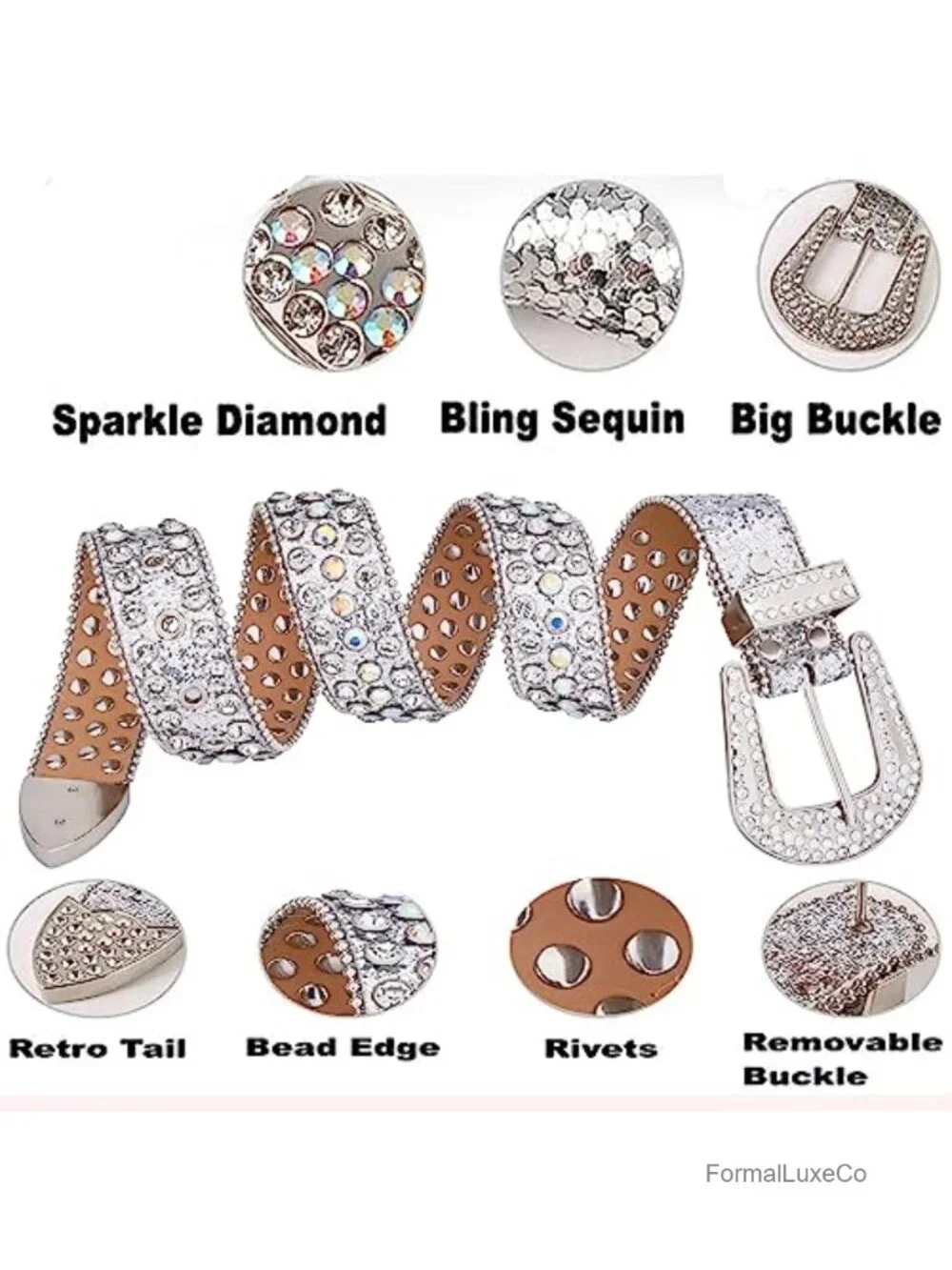 Studded Rhinestone Belt Bling Diamond Design Faux Leather Dressy Belt